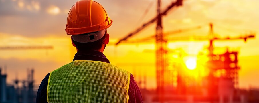 Engineer with safety helmet, high-rise buildings under construction background close up, focus on, copy space Cool evening shadows Double exposure silhouette with industrial architecture