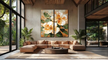 Vibrant Triptych of Roses, a captivating oil painting featuring lush roses and leaves set against a botanical print background, elegantly displayed in a contemporary interior setting.