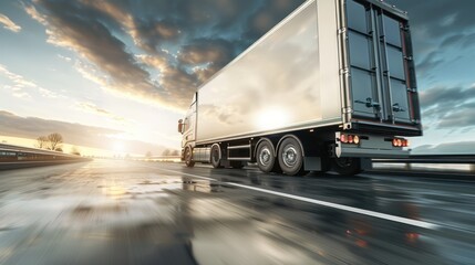 Semi Truck on Road at Sunset