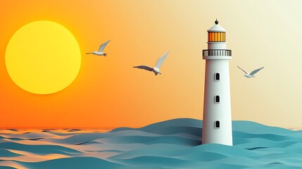 Majestic Paper Cutout Lighthouse with Birds in Sunset Sky - 3D Rendered High Resolution Background in C4D Style
