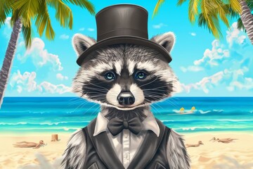 A stylish raccoon explores a colorful beach, surrounded by seashells and palm trees. The raccoon's vest and bowler hat add a touch of sophistication to the fun scene.