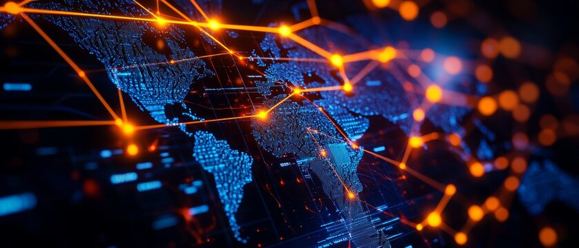 High-speed internet, abstract data pulses, glowing cyber grid, interconnected world map, futuristic tech vibe