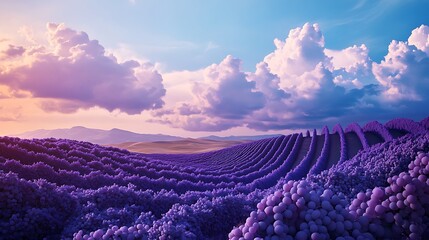Vibrant Paper Cutout Vineyard Landscape with Drifting Clouds - 3D Rendered Detailed Layers in C4D Style