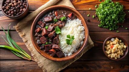 Traditional Brazilian Feijoada dish with rice, beans, meat, and farofa top view, Brazilian, food, cuisine, traditional, feijoada, rice