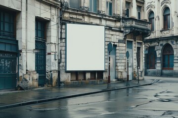 Obraz premium Blank Urban Billboard on Historic Building Facade in Empty Rainy Street