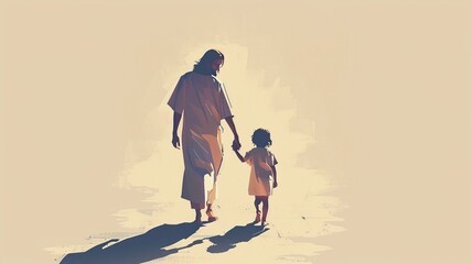 A minimalist drawing of Jesus pointing towards the sky while children gaze up in wonder. The illustration uses soft colors and simple outlines to create a serene and uplifting moment.