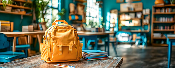 Fototapeta premium Back to school. Yellow backpack on a desk in a classroom.