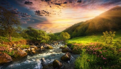 簡素な小川と優しい自然が幻想的に入り混じる美しい景観 Generated by AI