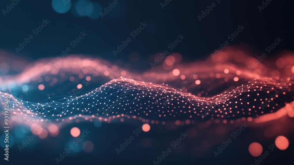 Poster abstract background featuring a noisy polygonal graph created from dots and lines on a dark backdrop