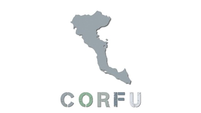 Corfu map with paper regions. Animated island map growing from regions and title letters falling down. Amazing 4K animation.