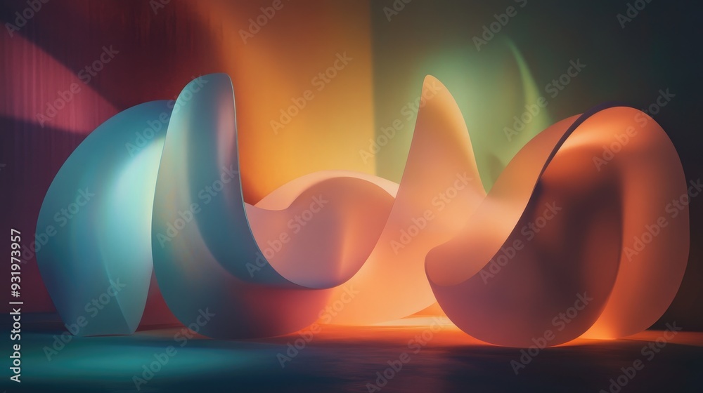 Poster abstract digital art featuring three dimensional objects illuminated with soft diffused light