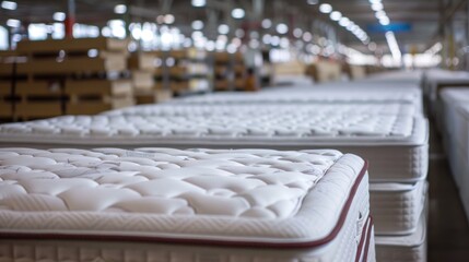Fototapeta premium A white mattress made of sturdy and beautiful materials is displayed in a department store symbolizing luxury bedroom furniture.