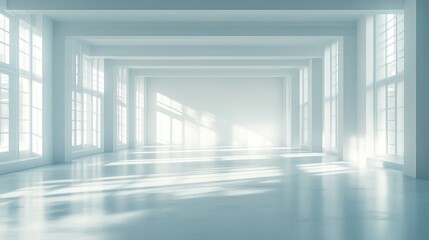 Abstract empty interior scene featuring a white room with beams and gentle lighting Created using digital 3D rendering and computer graphics