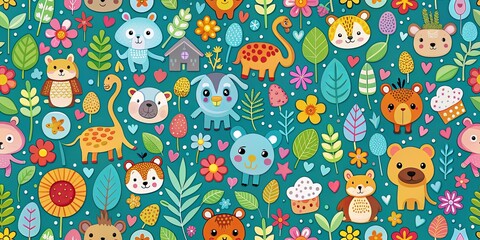Colorful and playful pattern with whimsical s of animals and objects