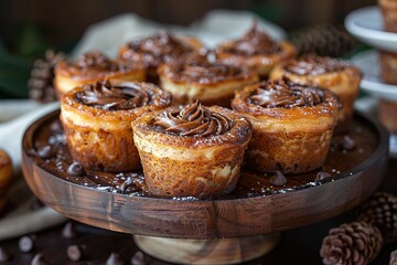 A wooden tray with a variety of brown pastries with chocolate frosting