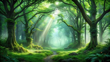Fototapeta premium Enchanted forest with misty atmosphere and vibrant green foliage, mysterious, forest, enchanted, misty, atmosphere, green