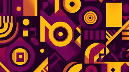 Retro Pop Art Geometric Patterns in Yellow and Purple on Burgundy Background