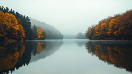 Obraz premium Reflections of the river among the foliage and sky, golden autumn.