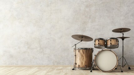 A stylish, modern drum set featuring wooden bass and snare drums, set against a textured gray wall in a spacious room.