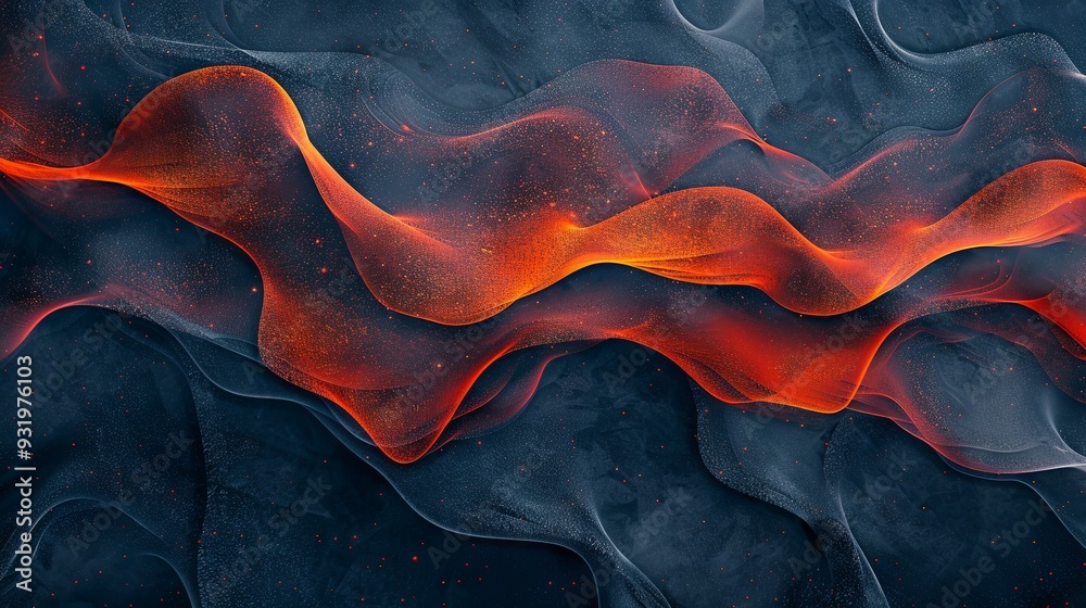 Wall mural A dark blue and orange-red textured backdrop showcases an abstract, vivid color wave against a black canvas, presenting a grainy, noisy effect, perfect for wide banner or header design