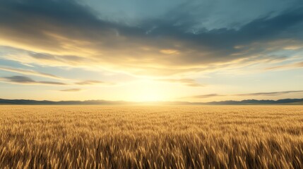 Obraz premium A serene landscape of golden wheat fields under a vibrant sunset, evoking peace and natural beauty in the countryside.