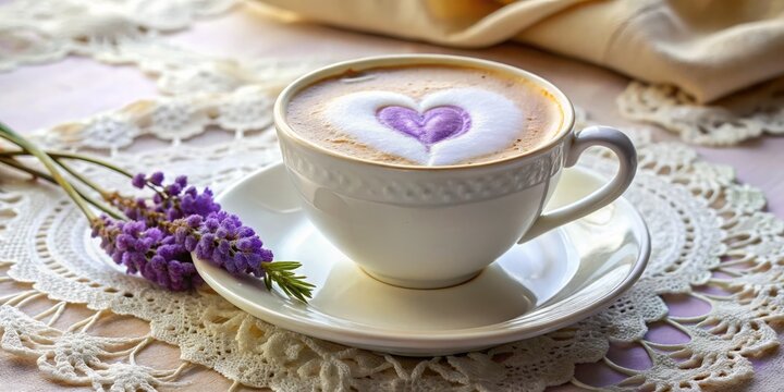 Intimate close-up of lavender latte with vanilla foam heart on delicate antique china cup on lace tablecloth with warm sidelight