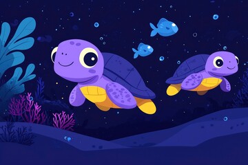 Obraz premium Two Cute Purple Sea Turtles Swimming Underwater
