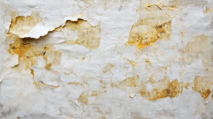 Closeup of a peeling, weathered white wall with yellowed patches and rough texture.