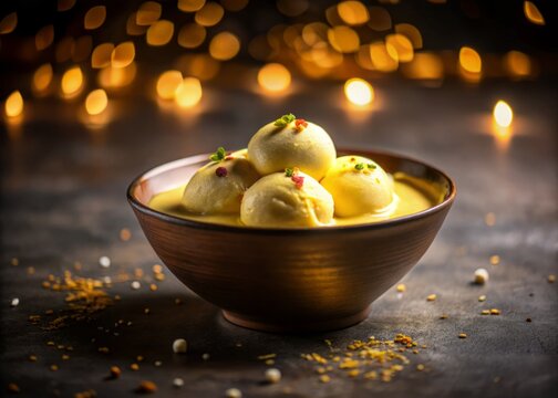 dramatic high contrast Indian rasmalai macro shot dark moody background creamy white dessert isolated spotlight soft bokeh background rich saffron flavor