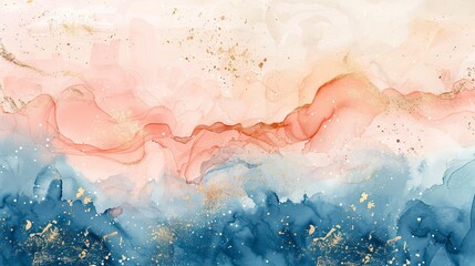 Obraz premium watercolor art background with earth tones in blue, pink, ivory, and beige, accented by gold line art. Ideal for wallpaper design, prints, wall art, covers, and invitation cards