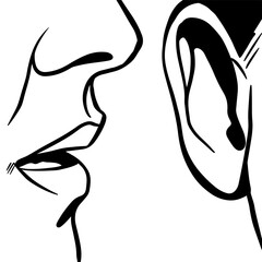 Lips and ear. Woman whispers secrets or gossip to man, detail, pop art comic vector illustration, outline coloring book