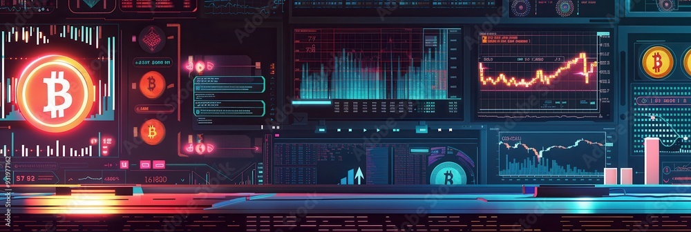 Leinwandbilder A user interface showcases different cryptocurrencies with their current market values, trends, and dynamic charts in a sleek, digital format. Generative AI