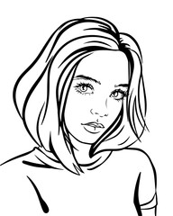 Beautiful girl with large wide open eyes, pop art portrait, vector illustration, outline