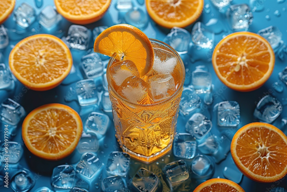 Sticker Refreshing Orange Drink with Ice Cubes