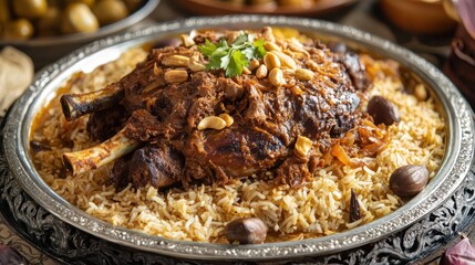 Kabsa is served on a plate with boiled and vegetables. Arab food 
