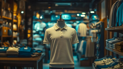 A stylish polo shirt displayed on a mannequin in a vibrant retail environment, showcasing modern clothing trends.