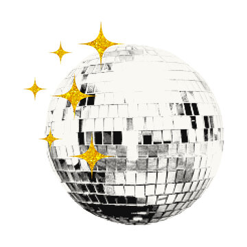 Shiny disco ball halftone collage element. Cut out of a magazine party festive symbol with gold glitter stars decoration. Trendy modern retro vector illustration isolated on transparent background 