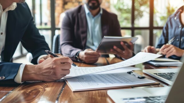 A group of business women and men discuss investment and insurance development in a meeting room of the office.