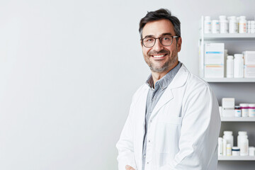 A man in a white lab coat is smiling - Powered by Adobe