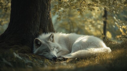 White beautiful sleeping wolf in the forest under a tree