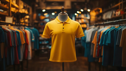 Obraz premium A vibrant yellow polo shirt displayed in a stylish retail environment, surrounded by a variety of colorful clothing.