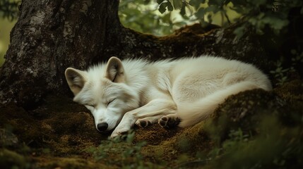 White beautiful sleeping wolf in the forest under a tree