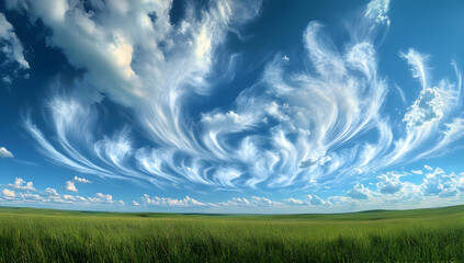 Fototapeta premium A breathtaking view of swirling clouds in a bright blue sky over a lush green meadow, showcasing nature's beauty and tranquility.