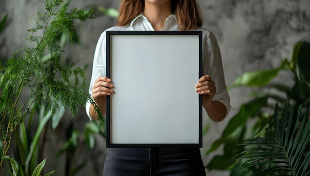 A woman holding a blank frame with plants in the background, perfect for showcasing artwork or messages.