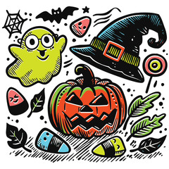 Playful Hand-Drawn Halloween Doodles with Offset Effect Ghost Pumpkin and Witch Hat