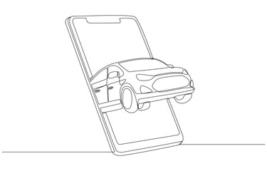 Continuous one line drawing of car coming out of smartphone screen, application for calling taxi car, car rental app concept, single line art.