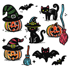 Whimsical Hand-Drawn Halloween Doodles with Offset Effect Black Cats Pumpkins and Witch Hats