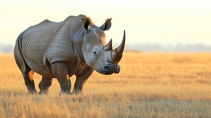 Obraz premium A white rhino in the wild, with its massive frame and horn dominating the landscape, a symbol of wildlife conservation.
