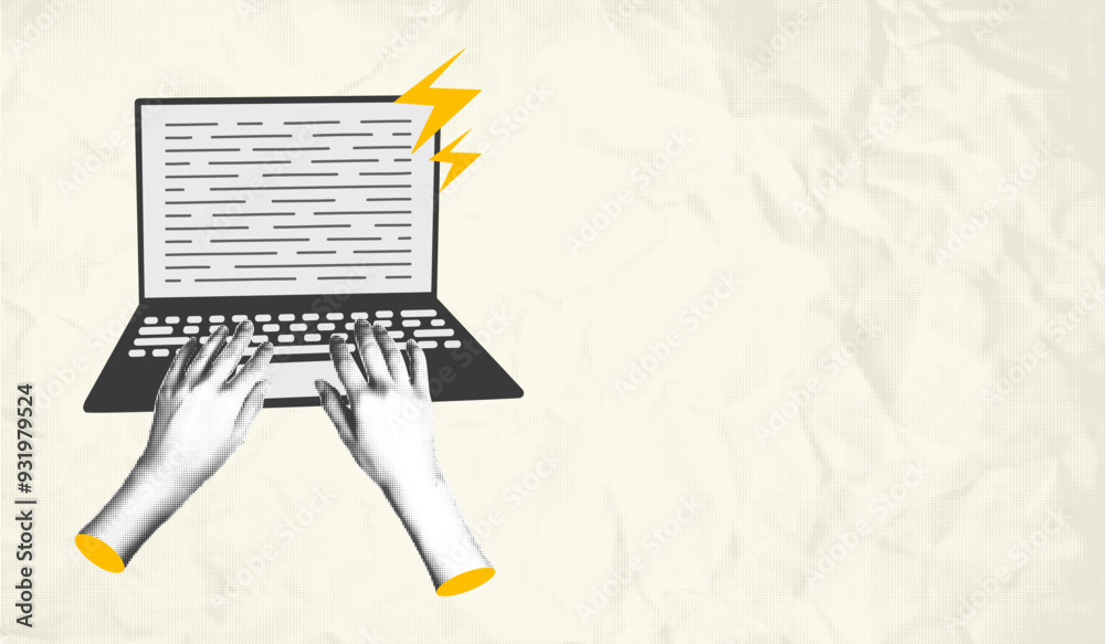 Fototapete halftone hands work on laptop computer modern art collage banner template for mixed media design. ve