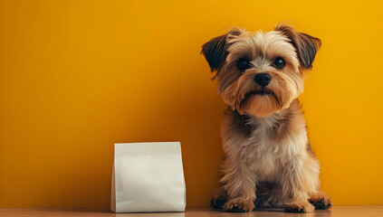Adorable small dog sitting next to a white bag against a vibrant yellow background, capturing a playful and curious atmosphere.